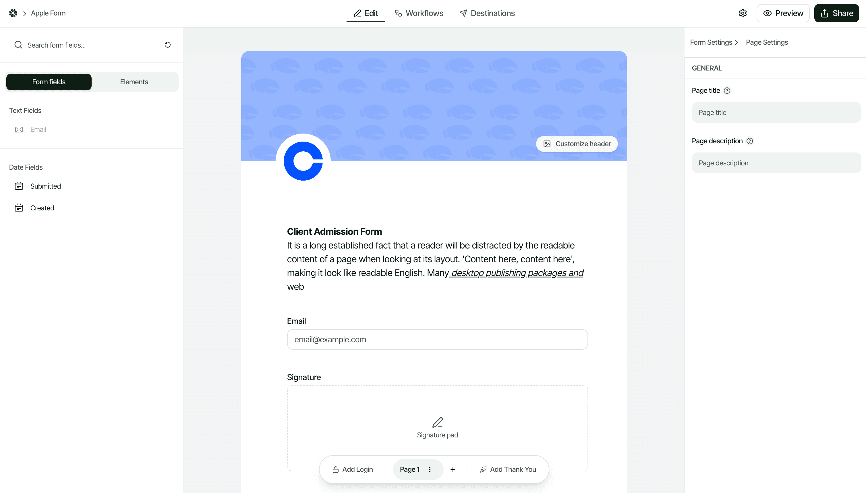 Filla form builder interface showing drag-and-drop Airtable form creation
